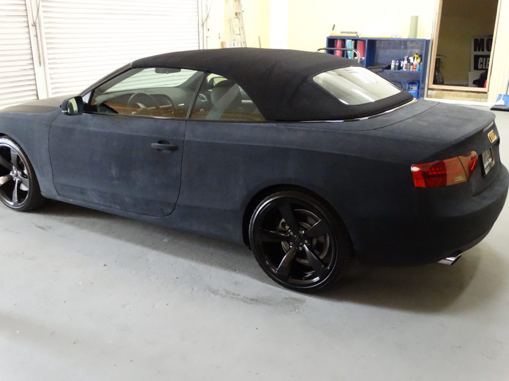 Audi A4 Convertible Black Suede Wrap with Chrome Gold accent. Sun Diego Wraps Vehicle Wrap Clear Bra Commercial Printing