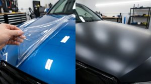 Side-by-side comparison of paint protection film and matte vinyl wrap on a car panel