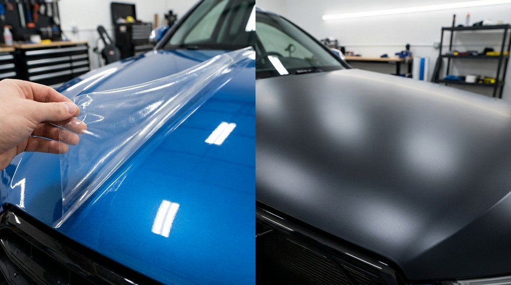 Side-by-side comparison of paint protection film and matte vinyl wrap on a car panel
