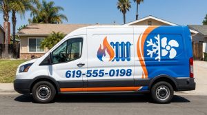 Branded HVAC service van with commercial wrap graphics parked in San Diego neighborhood
