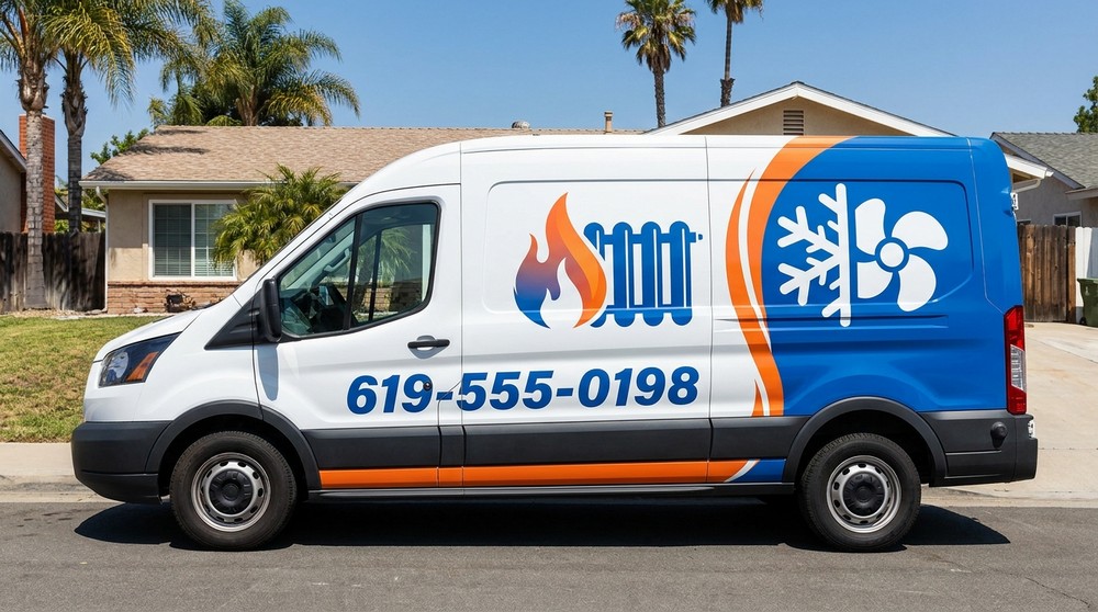 Branded HVAC service van with commercial wrap graphics parked in San Diego neighborhood