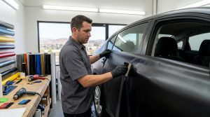 Professional installer applying matte vinyl wrap to a car at San Diego wrap shop